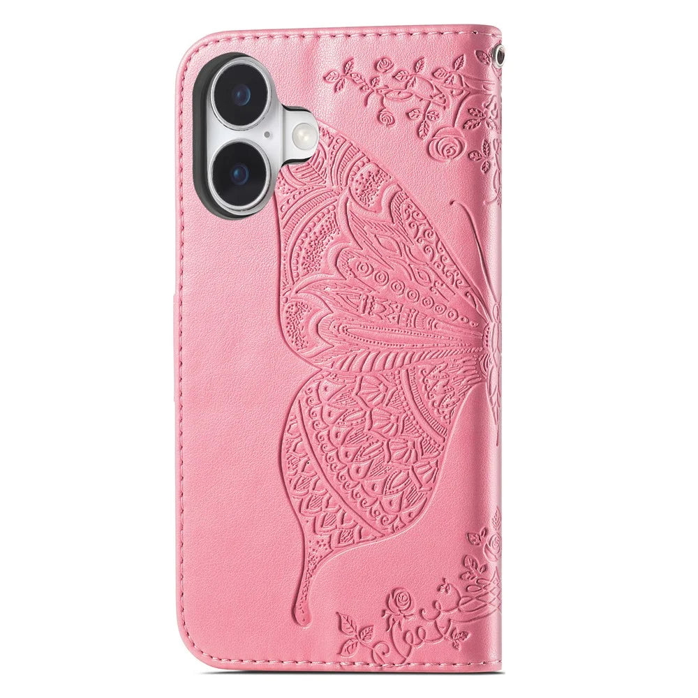 For iPhone 17 Case with Strap Butterfly Pattern PU Leather Wallet Phone Cover - Pink - 5