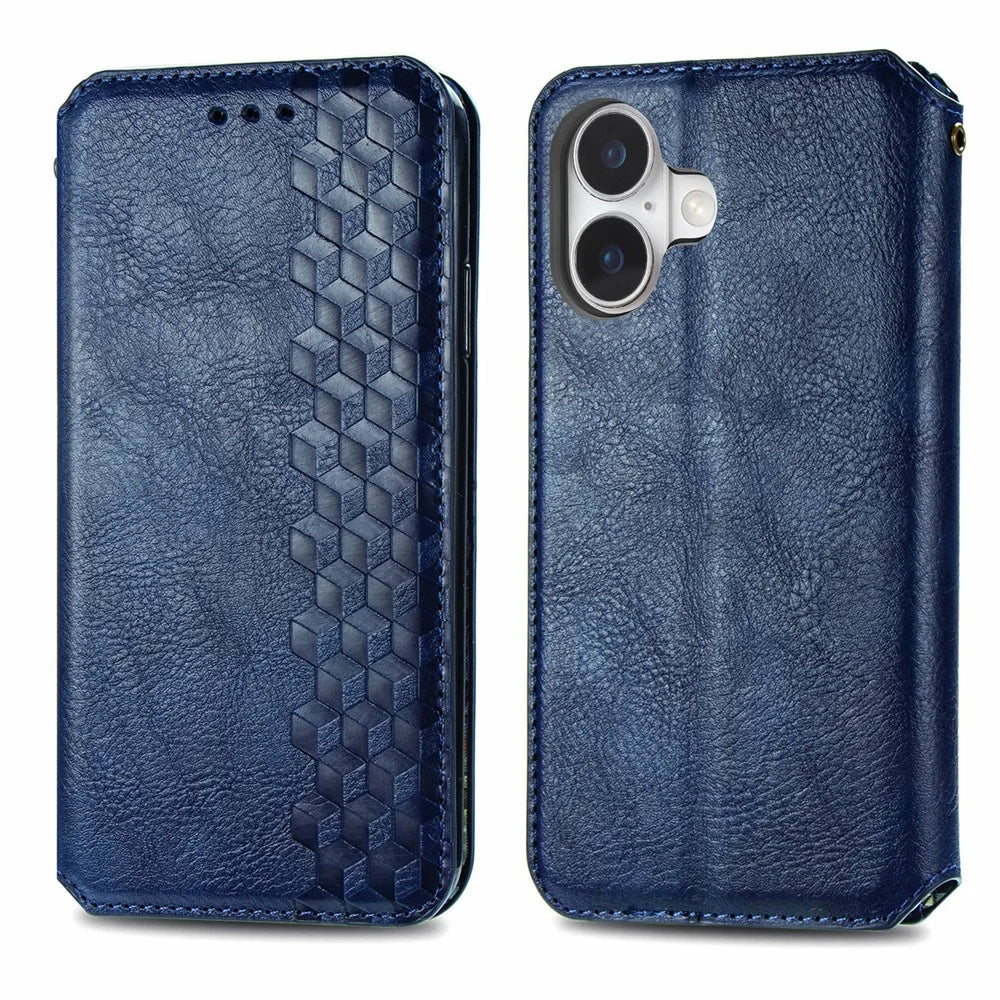 For iPhone 17 Case Rhombus Imprint PU Leather Wallet Phone Cover - Blue - 1