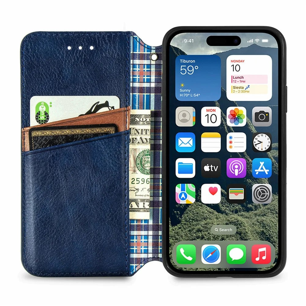 For iPhone 17 Case Rhombus Imprint PU Leather Wallet Phone Cover - Blue - 2
