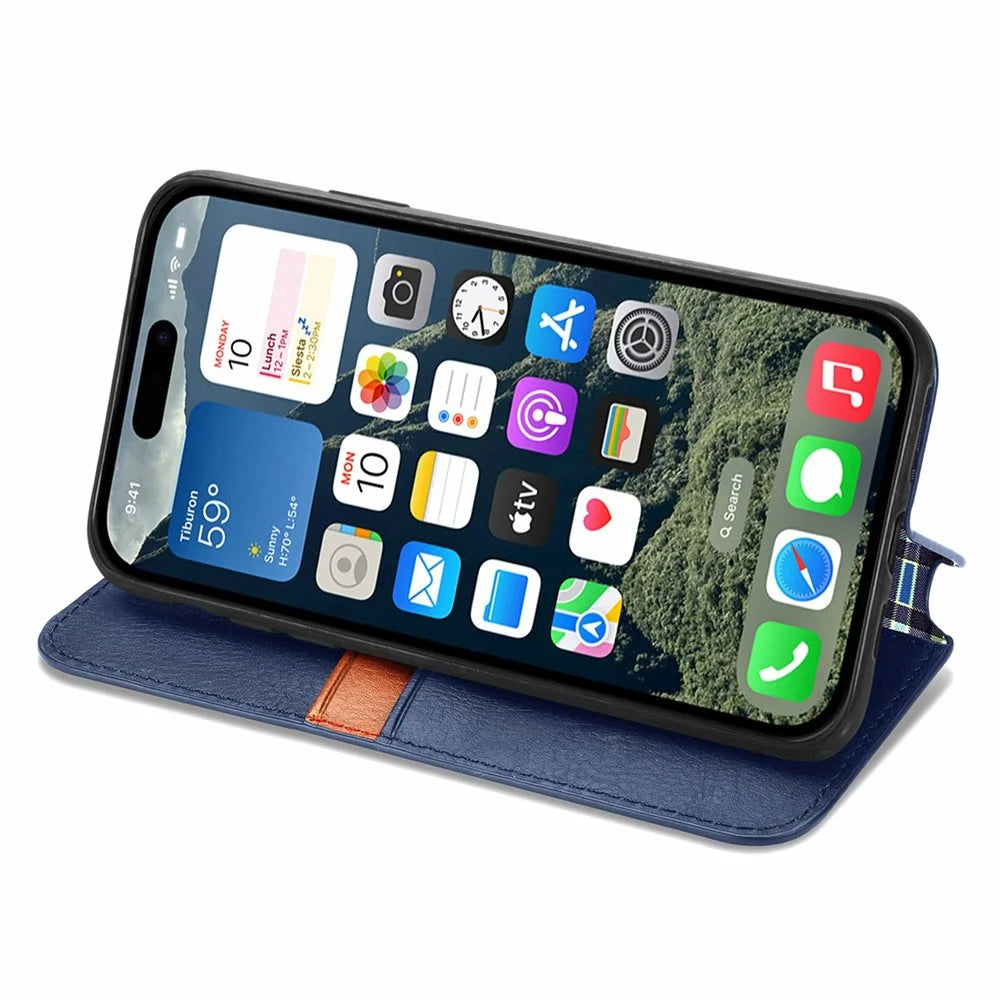 For iPhone 17 Case Rhombus Imprint PU Leather Wallet Phone Cover - Blue - 3