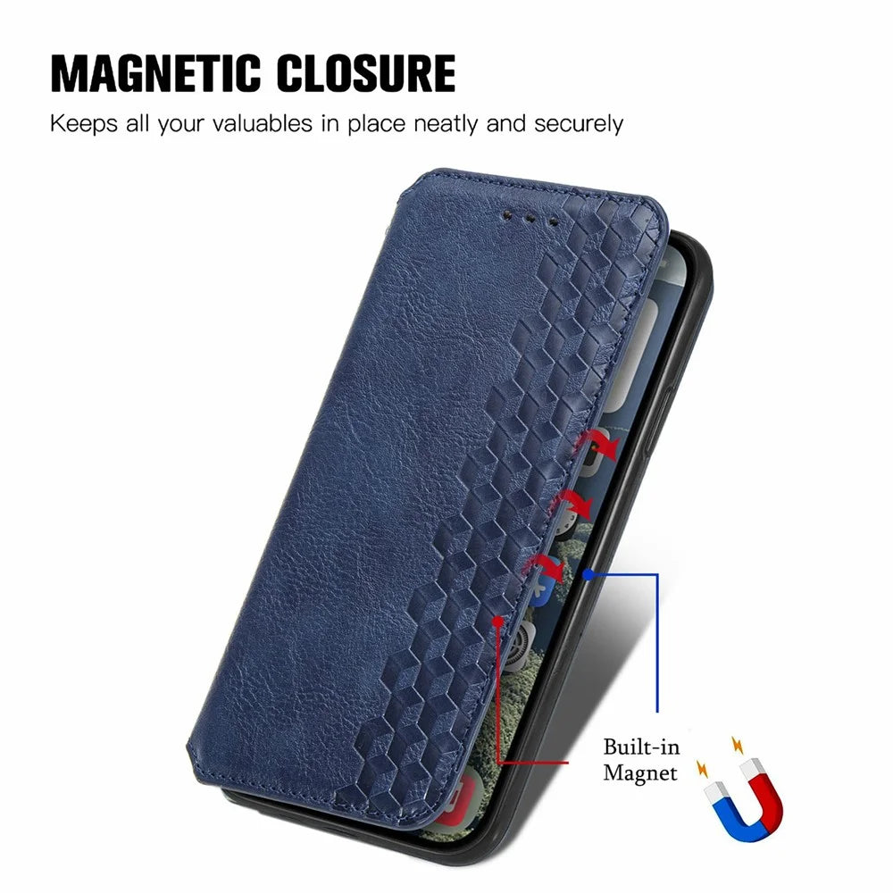 For iPhone 17 Case Rhombus Imprint PU Leather Wallet Phone Cover - Blue - 4
