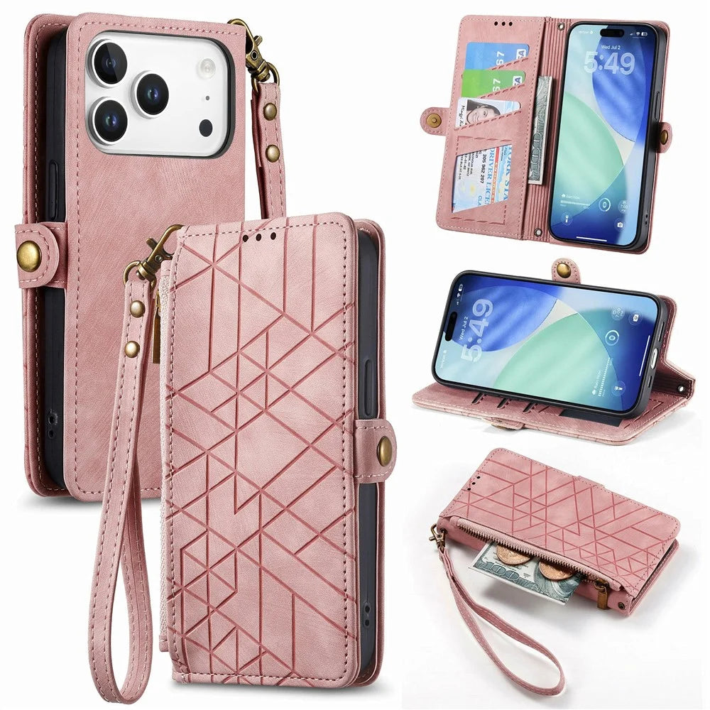 For iPhone 18 Pro Max / 17 Pro Max Case Zipper Wallet Geometry Lines Leather Phone Cover with Strap - Pink - 1