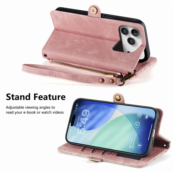 For iPhone 18 Pro Max / 17 Pro Max Case Zipper Wallet Geometry Lines Leather Phone Cover with Strap - Pink - 3