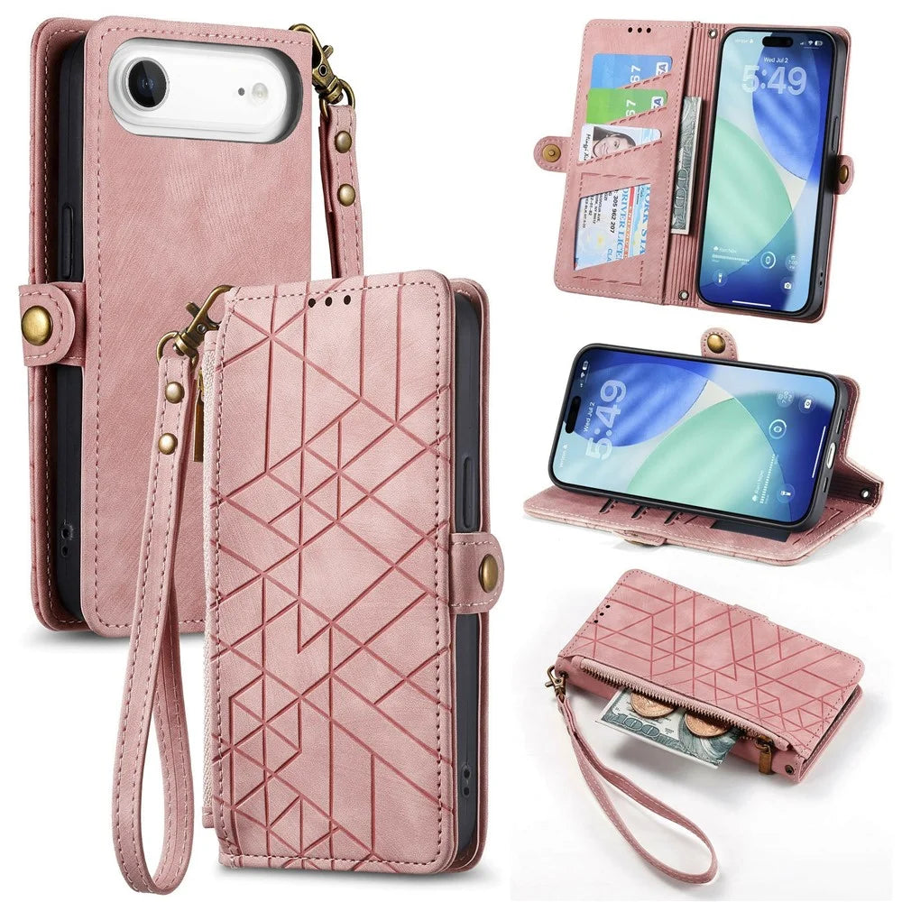 For iPhone Air Case Zipper Wallet Geometry Lines Leather Phone Cover with Strap - Pink - 1