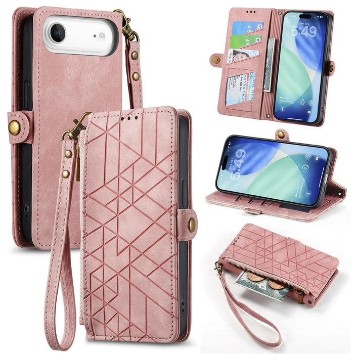 For iPhone Air Case Zipper Wallet Geometry Lines Leather Phone Cover with Strap - Pink - 1