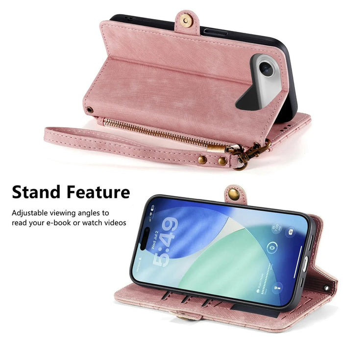 For iPhone Air Case Zipper Wallet Geometry Lines Leather Phone Cover with Strap - Pink - 3