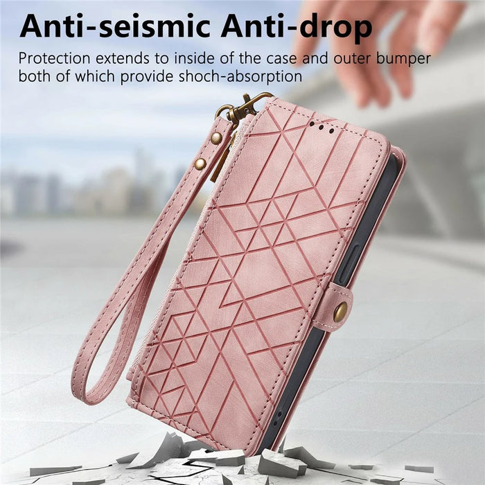 For iPhone Air Case Zipper Wallet Geometry Lines Leather Phone Cover with Strap - Pink - 5