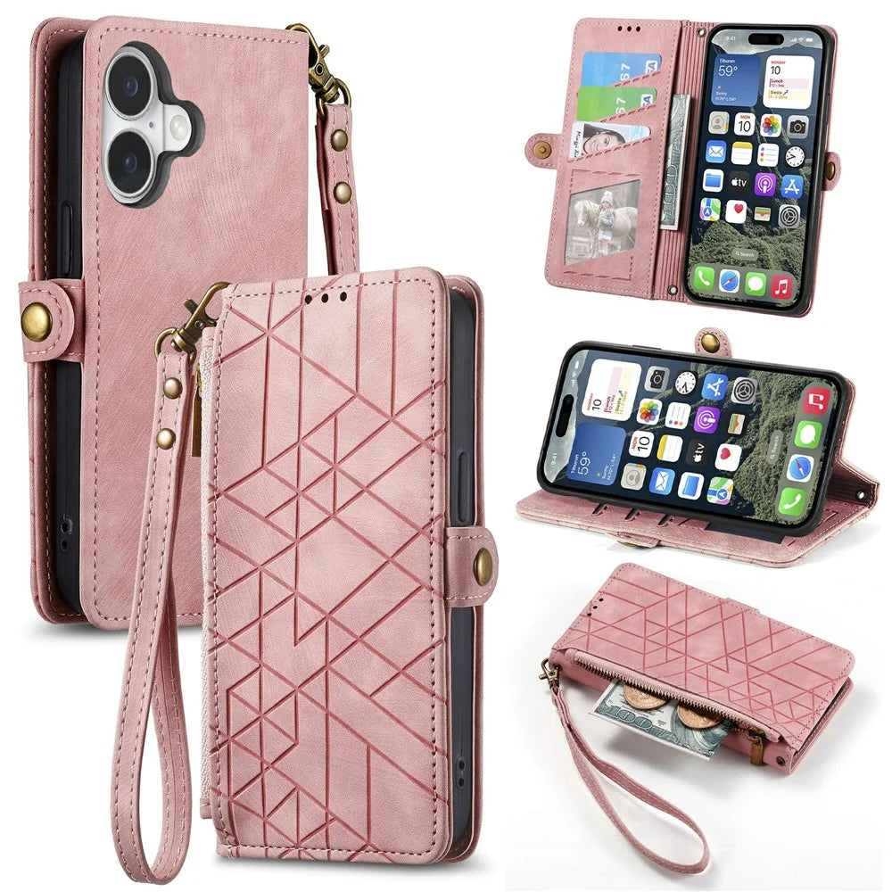 For iPhone 17 Case Zipper Wallet Geometry Lines Leather Phone Cover with Strap - Pink - 1