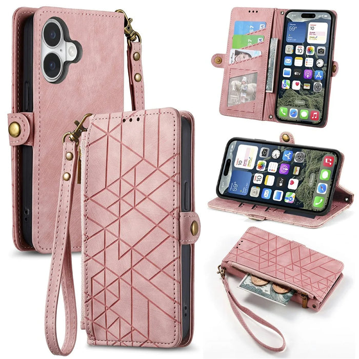 For iPhone 17 Case Zipper Wallet Geometry Lines Leather Phone Cover with Strap - Pink - 1