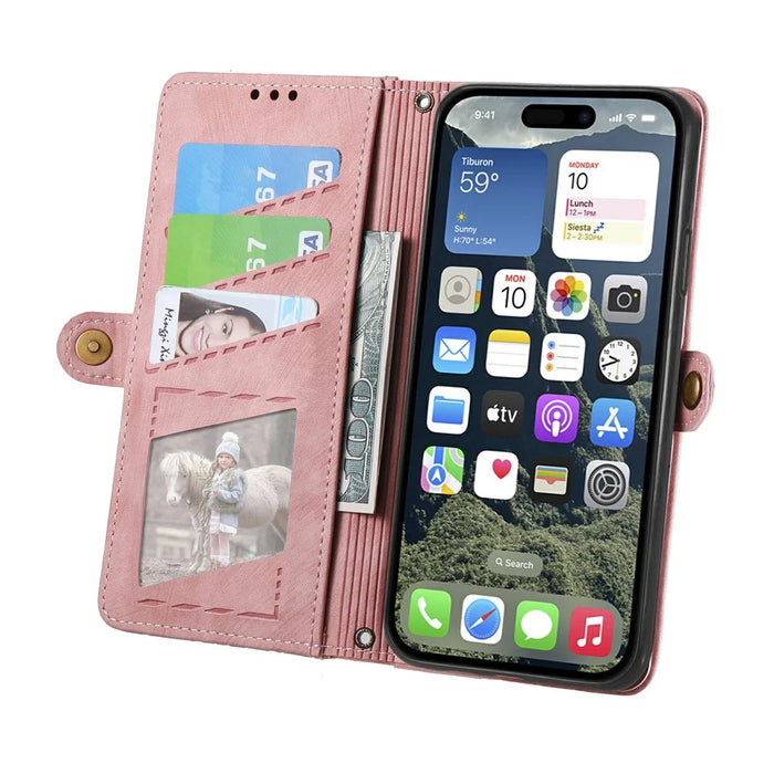 For iPhone 17 Case Zipper Wallet Geometry Lines Leather Phone Cover with Strap - Pink - 2