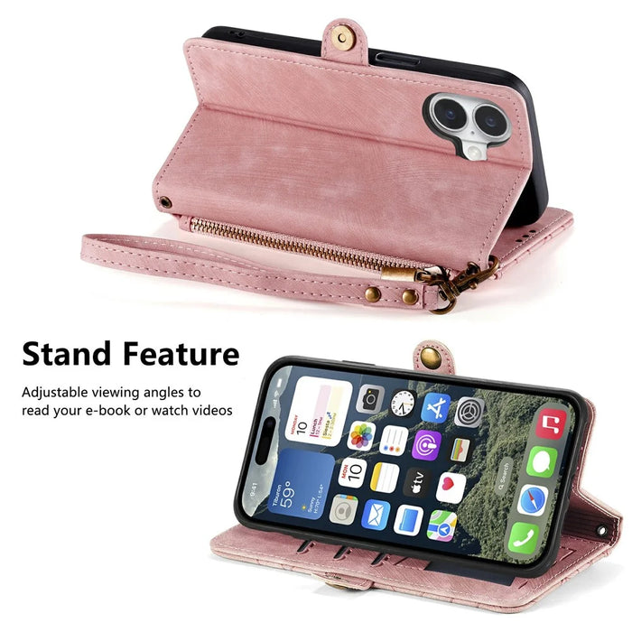 For iPhone 17 Case Zipper Wallet Geometry Lines Leather Phone Cover with Strap - Pink - 3