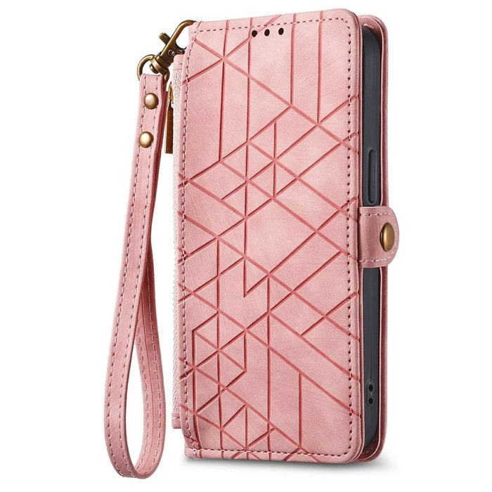For iPhone 17 Case Zipper Wallet Geometry Lines Leather Phone Cover with Strap - Pink - 4