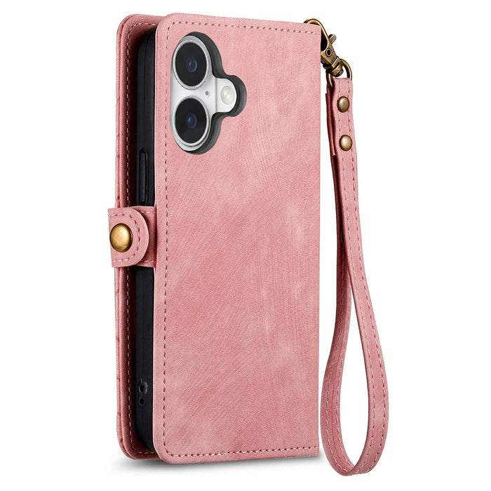 For iPhone 17 Case Zipper Wallet Geometry Lines Leather Phone Cover with Strap - Pink - 5