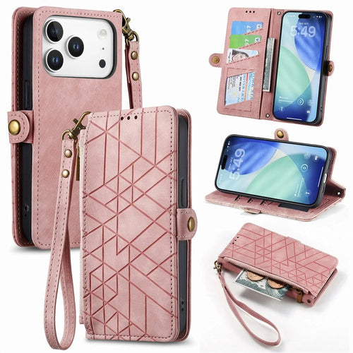 For iPhone 18 Pro / 17 Pro Case Zipper Wallet Geometry Lines Leather Phone Cover with Strap - Pink - 1