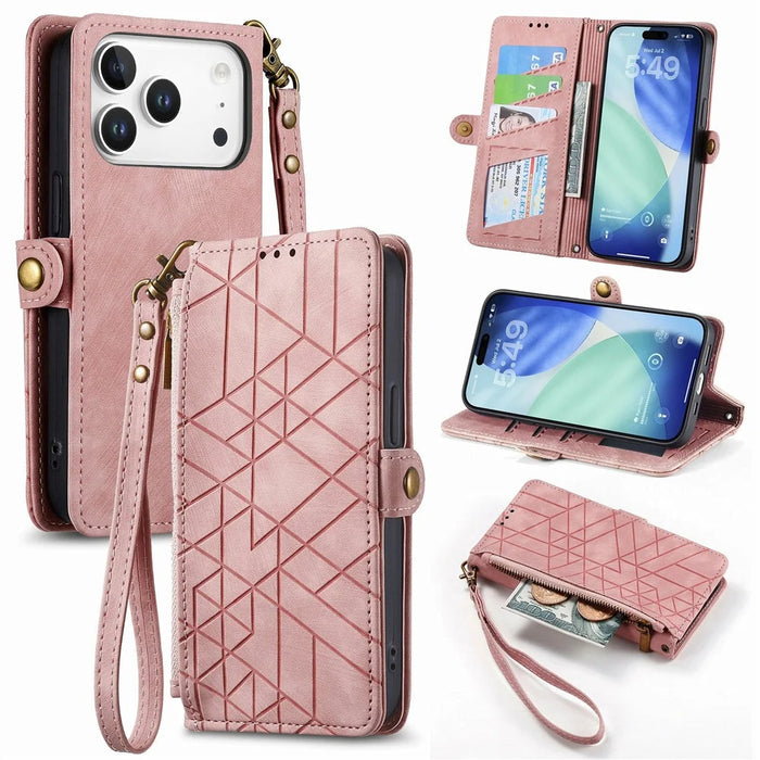 For iPhone 18 Pro / 17 Pro Case Zipper Wallet Geometry Lines Leather Phone Cover with Strap - Pink - 1