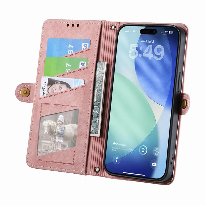For iPhone 18 Pro / 17 Pro Case Zipper Wallet Geometry Lines Leather Phone Cover with Strap - Pink - 2