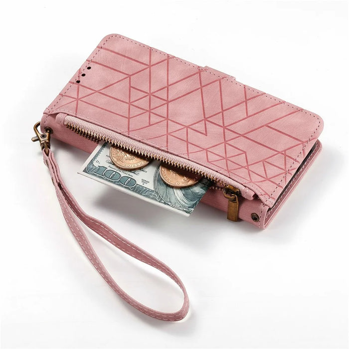 For iPhone 18 Pro / 17 Pro Case Zipper Wallet Geometry Lines Leather Phone Cover with Strap - Pink - 4