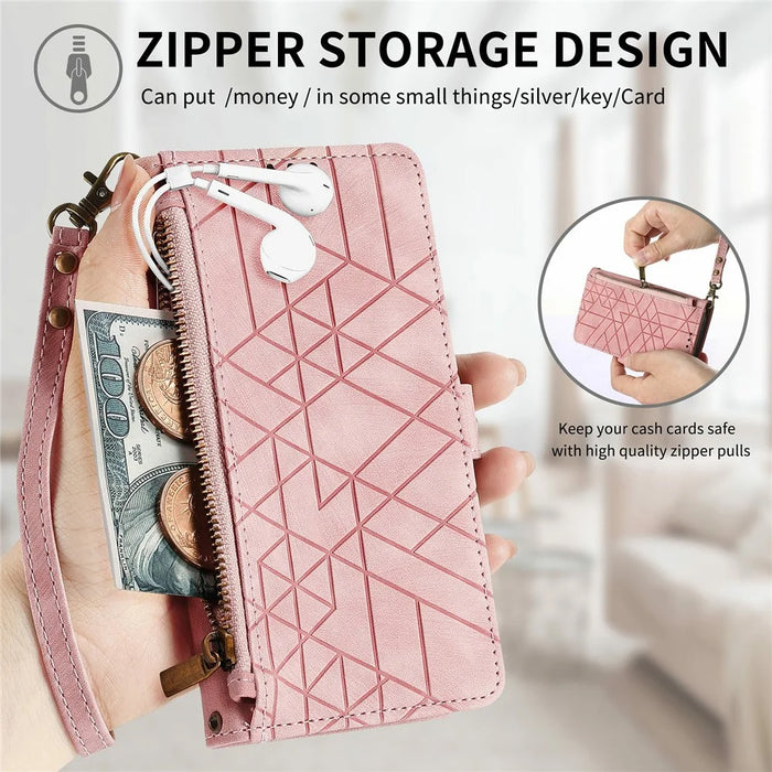 For iPhone 18 Pro / 17 Pro Case Zipper Wallet Geometry Lines Leather Phone Cover with Strap - Pink - 7