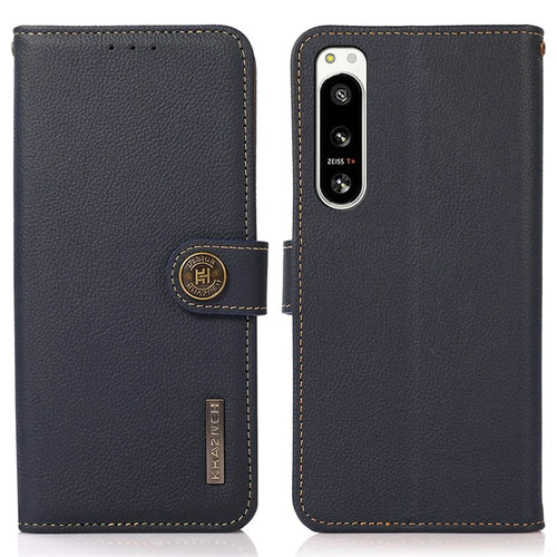 KHAZNEH For Sony Xperia 5 IV 5G Genuine Leather RFID Blocking Phone Case Full Protection Wallet Stand Magnetic Clasp Cover - Blue - 1