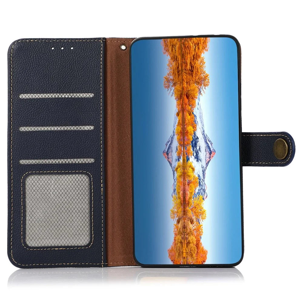 KHAZNEH For Sony Xperia 5 IV 5G Genuine Leather RFID Blocking Phone Case Full Protection Wallet Stand Magnetic Clasp Cover - Blue - 3