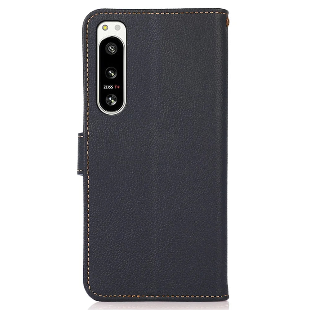 KHAZNEH For Sony Xperia 5 IV 5G Genuine Leather RFID Blocking Phone Case Full Protection Wallet Stand Magnetic Clasp Cover - Blue - 7