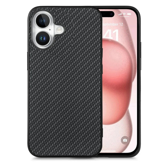 For iPhone 16 Case Carbon Fiber Texture PU Leather + PC + TPU Phone Cover - Black - 1