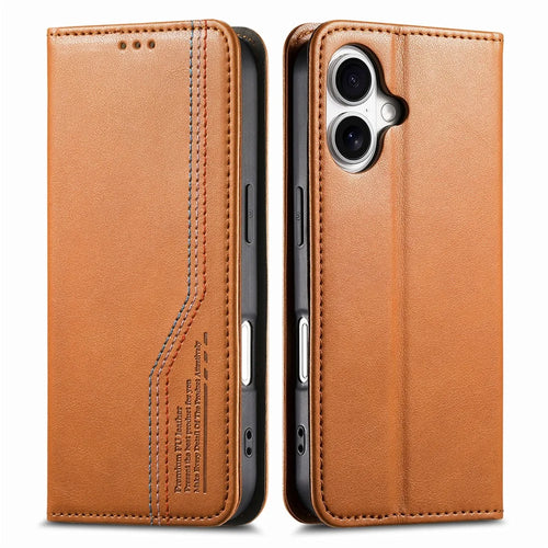 For iPhone 17 Case Wallet Tri-Color Stitching Leather Phone Cover with Elastic Wristband - Brown - 1