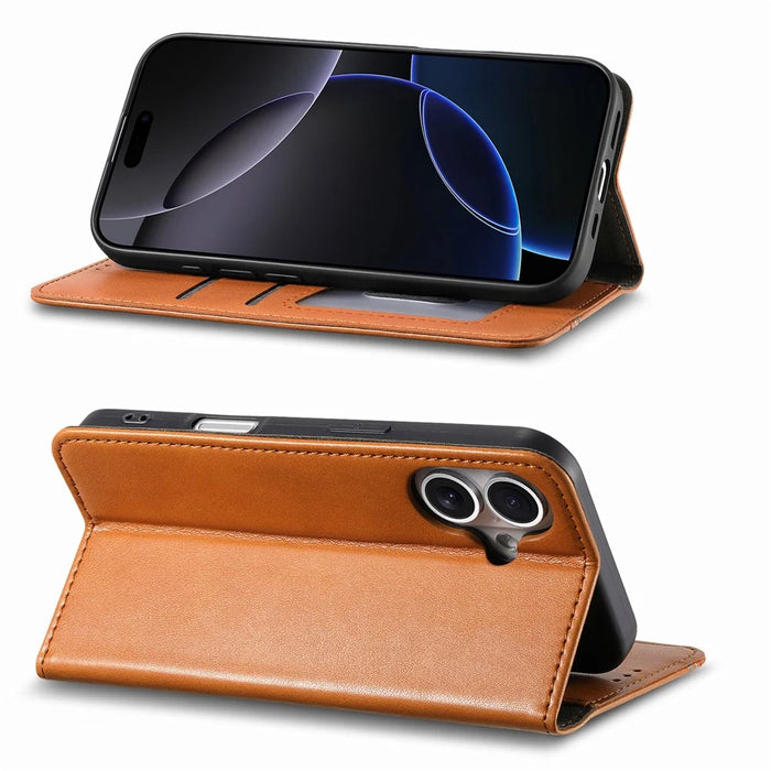For iPhone 17 Case Wallet Tri-Color Stitching Leather Phone Cover with Elastic Wristband - Brown - 3