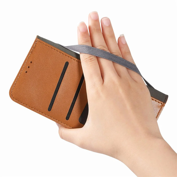 For iPhone 17 Case Wallet Tri-Color Stitching Leather Phone Cover with Elastic Wristband - Brown - 4
