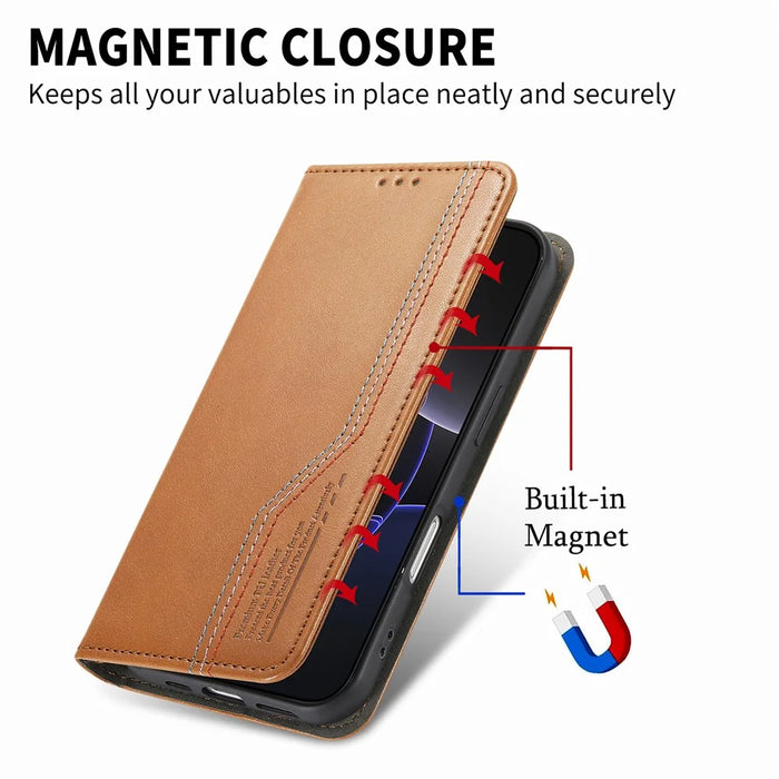 For iPhone 17 Case Wallet Tri-Color Stitching Leather Phone Cover with Elastic Wristband - Brown - 5