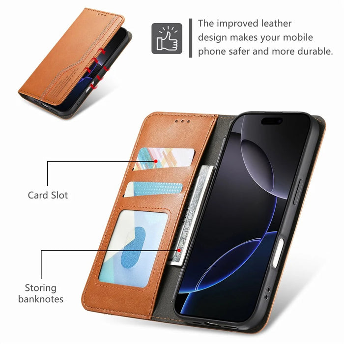 For iPhone 17 Case Wallet Tri-Color Stitching Leather Phone Cover with Elastic Wristband - Brown - 6