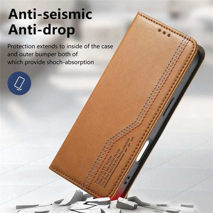 For iPhone 17 Case Wallet Tri-Color Stitching Leather Phone Cover with Elastic Wristband - Brown - 7
