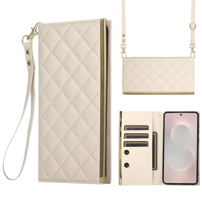 For Samsung Galaxy S25 Edge Case Suction Cup PU Leather Wallet Phone Cover with Straps - Beige - 1