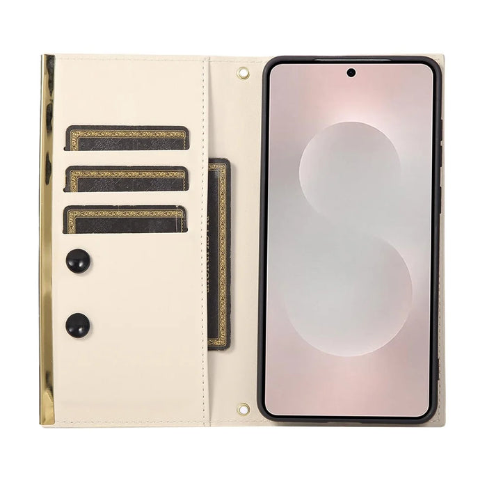 For Samsung Galaxy S25 Edge Case Suction Cup PU Leather Wallet Phone Cover with Straps - Beige - 2