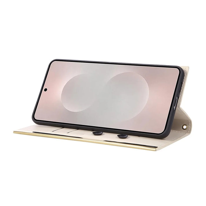 For Samsung Galaxy S25 Edge Case Suction Cup PU Leather Wallet Phone Cover with Straps - Beige - 3