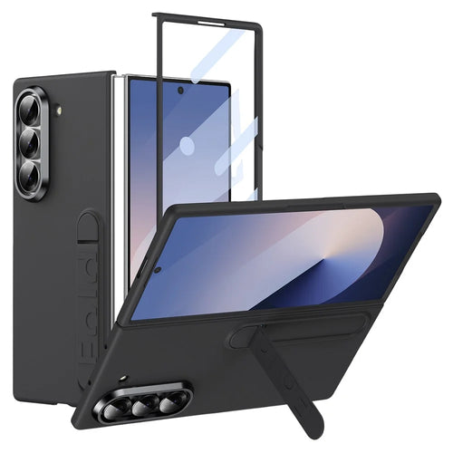 For Samsung Galaxy Z Fold5 5G Phone Case Kickstand PC Cover with Tempered Glass Screen Protector - Black - 1