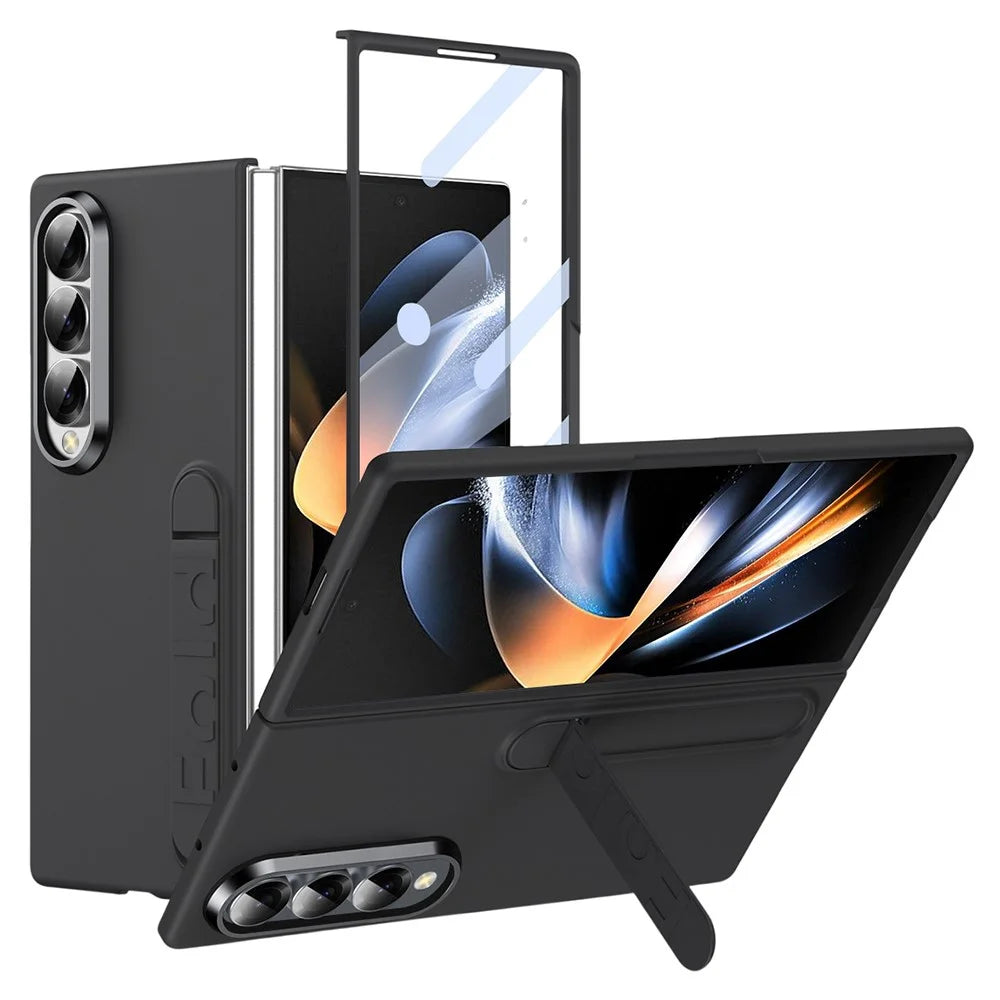 For Samsung Galaxy Z Fold3 5G Phone Case Kickstand PC Cover with Tempered Glass Screen Protector - Black - 1