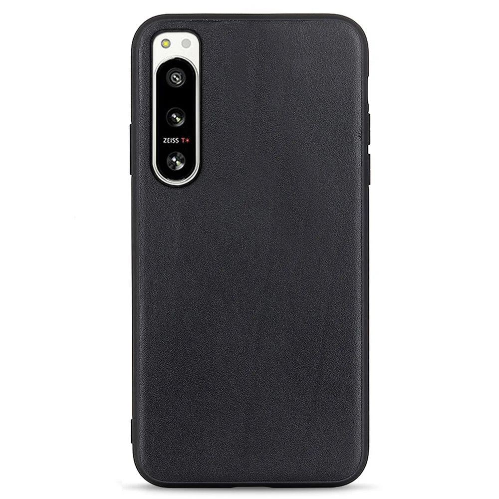 For Sony Xperia 5 IV 5G Textured Genuine Leather Coated TPU Case Drop Protection Protective Phone Cover - Black - 1