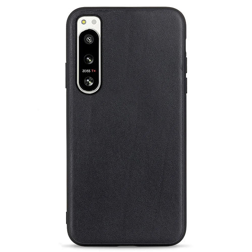 For Sony Xperia 5 IV 5G Textured Genuine Leather Coated TPU Case Drop Protection Protective Phone Cover - Black - 1