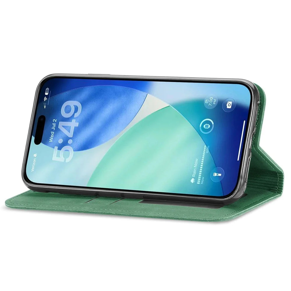 For iPhone 18 Pro Max / 17 Pro Max Leather Case with Card Holder Magnetic Absorption Phone Cover - Green - 3