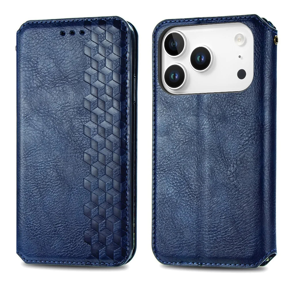 For iPhone 18 Pro / 17 Pro Case Rhombus Imprint PU Leather Wallet Phone Cover - Blue - 1
