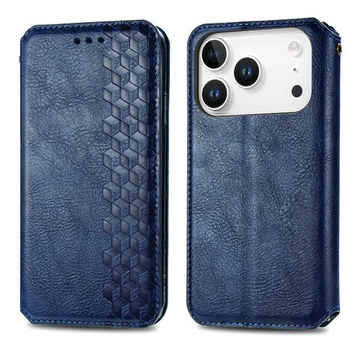 For iPhone 18 Pro / 17 Pro Case Rhombus Imprint PU Leather Wallet Phone Cover - Blue - 1