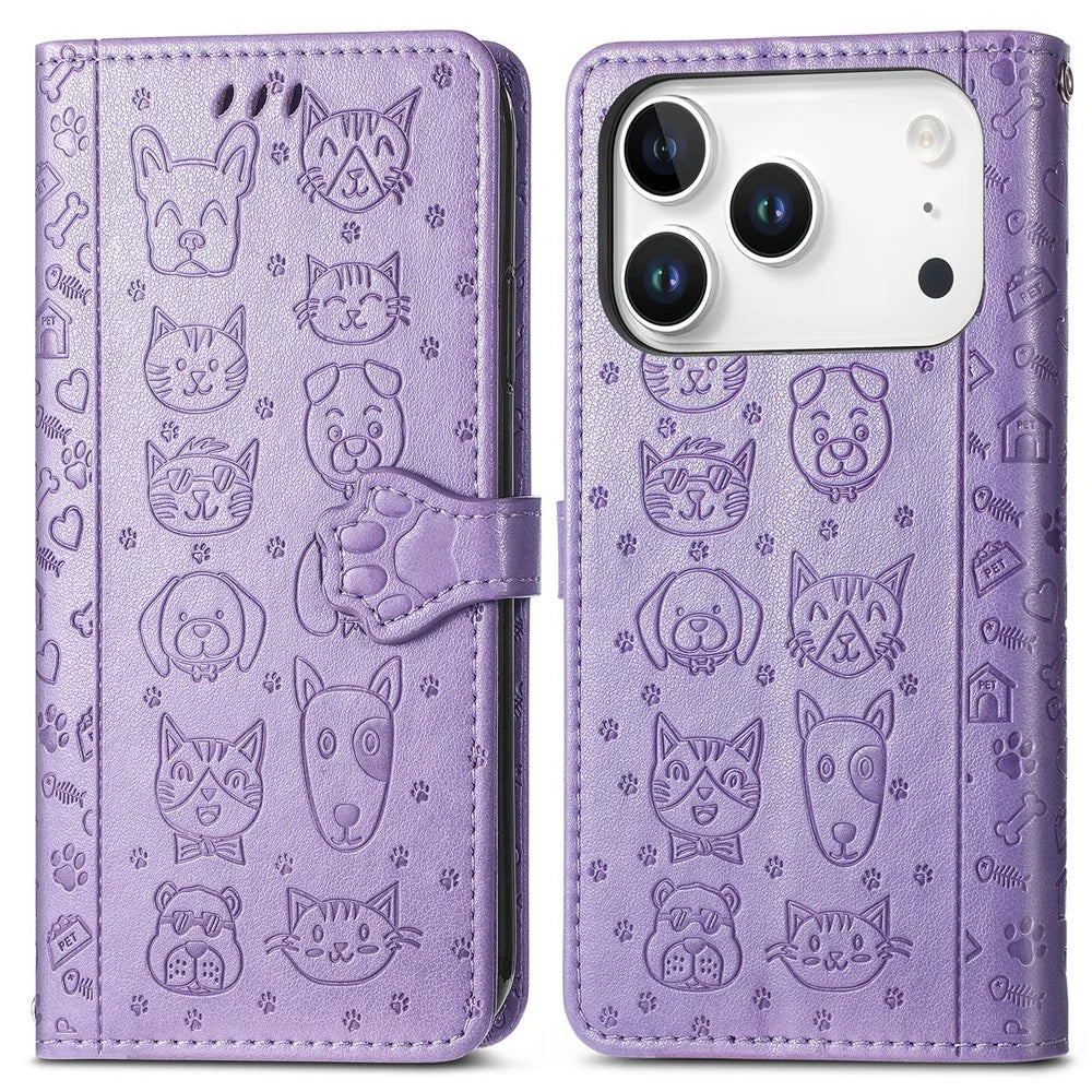 For iPhone 17 Pro Case Flip Wallet Leather Phone Cover with Cute Cat Dog Pattern - Light Purple - 1