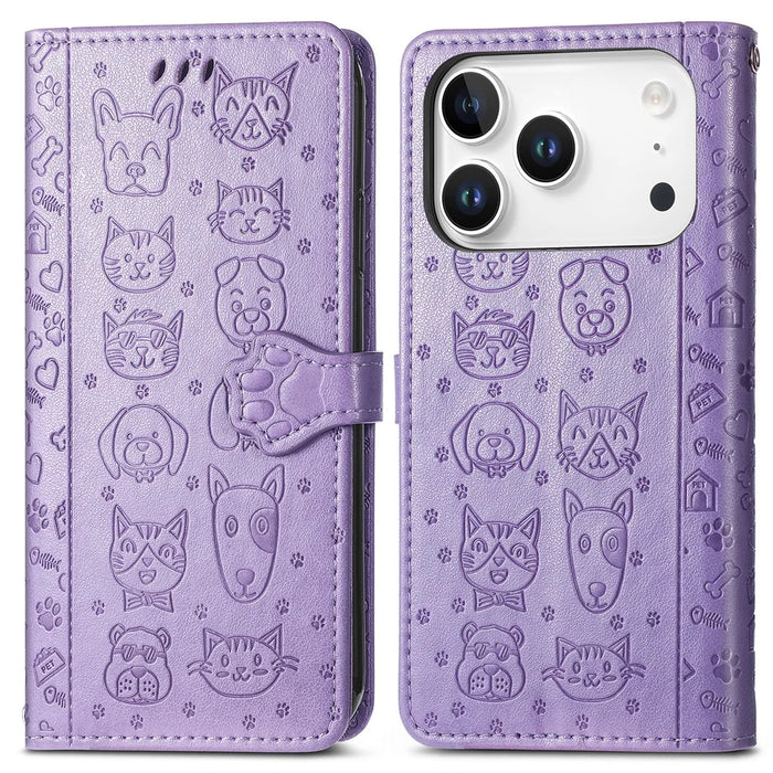 For iPhone 17 Pro Case Flip Wallet Leather Phone Cover with Cute Cat Dog Pattern - Light Purple - 1