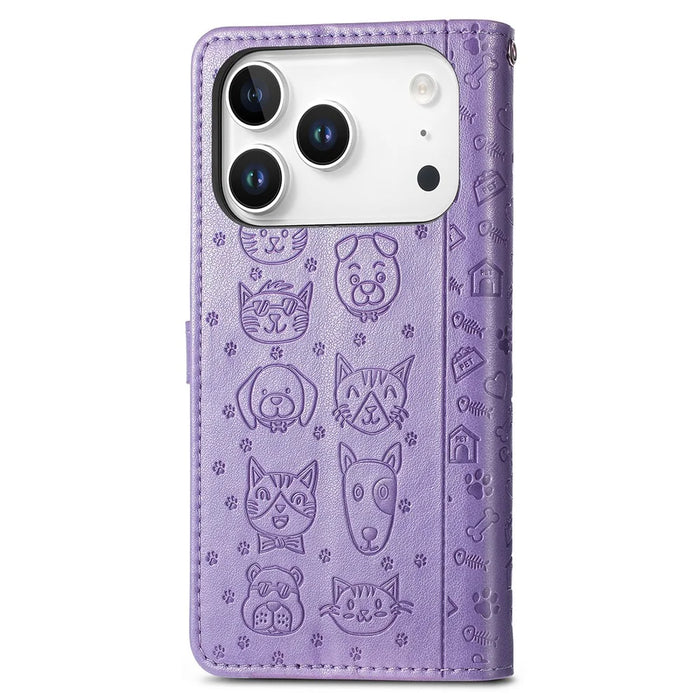 For iPhone 17 Pro Case Flip Wallet Leather Phone Cover with Cute Cat Dog Pattern - Light Purple - 6