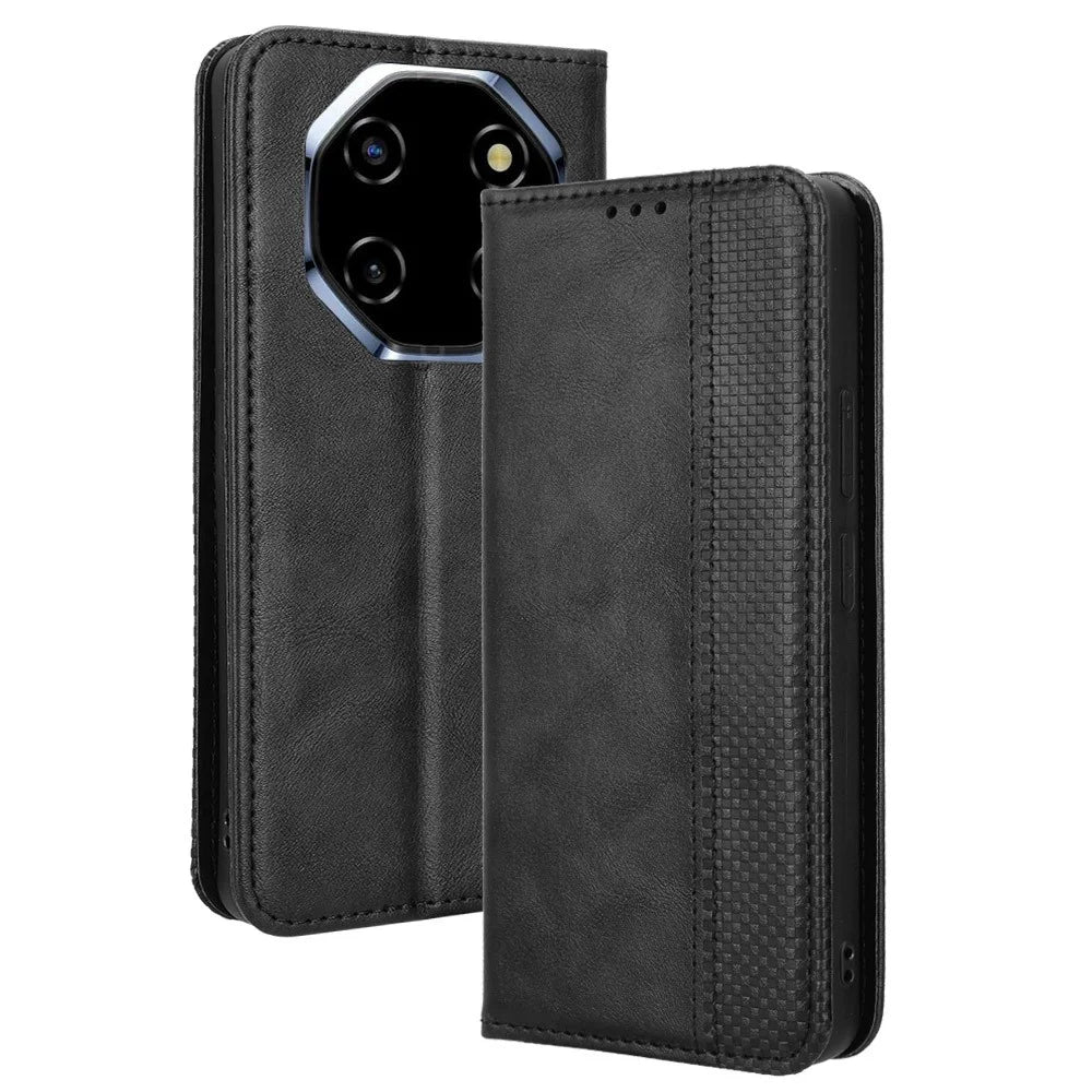 For Blackview Shark 6 / Oscal Tiger 8 Leather Case Wallet Stand Retro Texture Phone Cover - Black - 1
