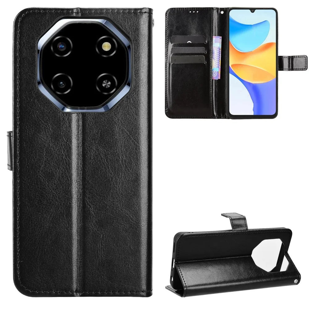 For Blackview Shark 6 / Oscal Tiger 8 PU Leather Case with Strap Crazy Horse Texture Phone Wallet Cover - Black - 6