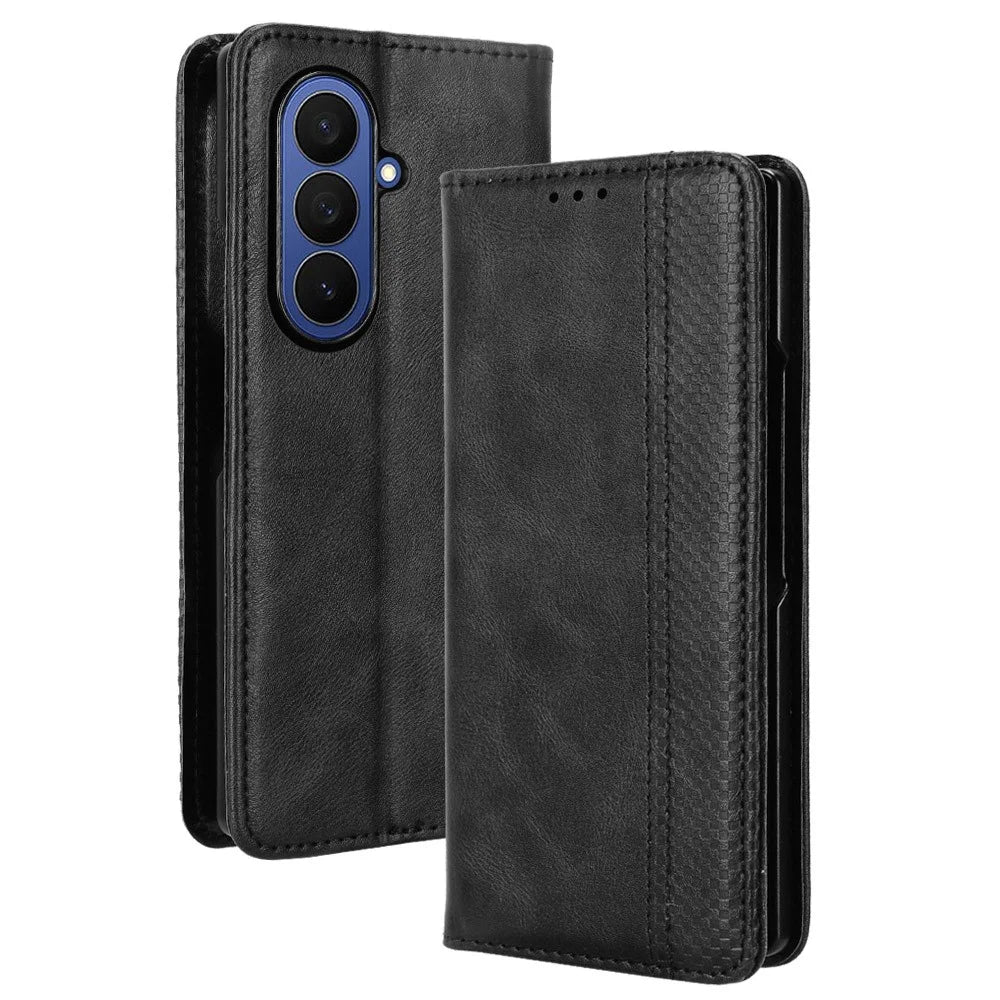 For Samsung Galaxy Z Fold7 5G Leather Case Wallet Stand Retro Texture Phone Cover - Black - 1