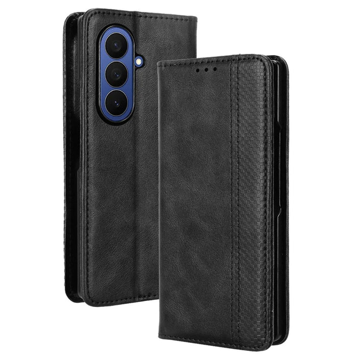 For Samsung Galaxy Z Fold7 5G Leather Case Wallet Stand Retro Texture Phone Cover - Black - 1
