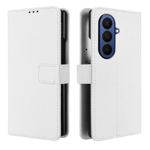 For Samsung Galaxy Z Fold7 5G Leather Wallet Case with Strap Diamond Texture Phone Cover - White - 1